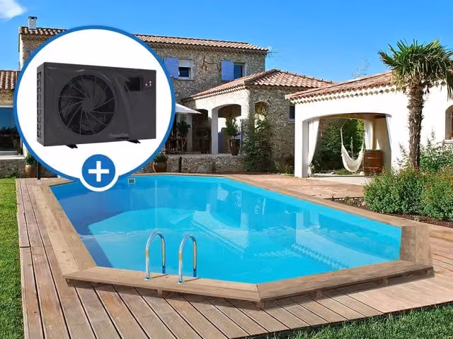 Piscina ovale in legno Palma HABITAT ET JARDIN blu con pompa di calore 6,1 kW, filtro, pompa e scala, L: 7,57 m, P: 4,07 m, H: 1,31 m