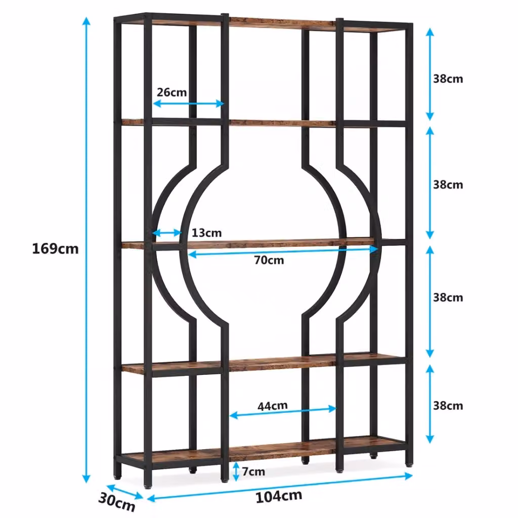 Libreria REDOM a 5 ripiani in metallo nero e legno rustico marrone, L: 108 cm, P: 36,5 cm, H: 28 cm – 2