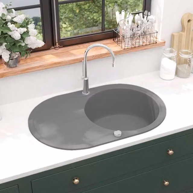 Lavello da Cucina in Granito Vasca Singola-Lavandino-Lavabo Ovale Grigio