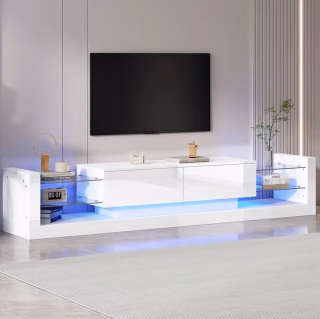 Mobile TV moderno MODFU con illuminazione LED integrata, frontale in vetro e finitura lucida, bianco, L: 181 cm, P: 38 cm, H: 38 cm