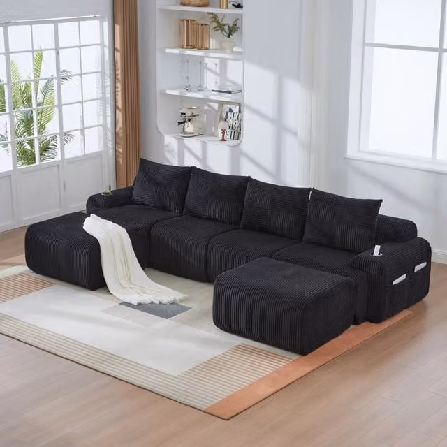 Divano modulare WISHDOR a 4 posti in velluto a coste nero con portabicchieri, L: 333 cm, P: 174 cm, H: 80 cm