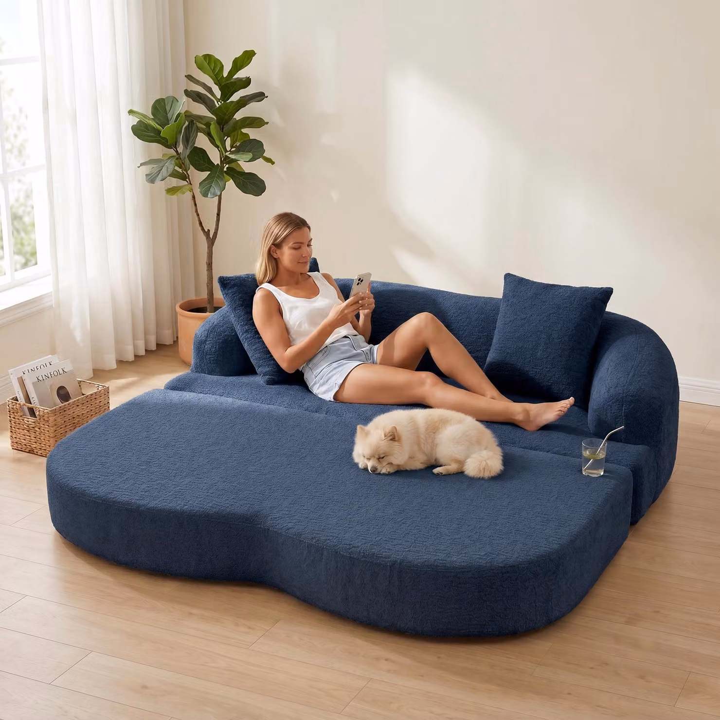 Divano letto LVHOM a 2 posti in ciniglia, divano pieghevole con funzione letto, letto pieghevole per ospiti per soggiorno in stile Japandi, blu