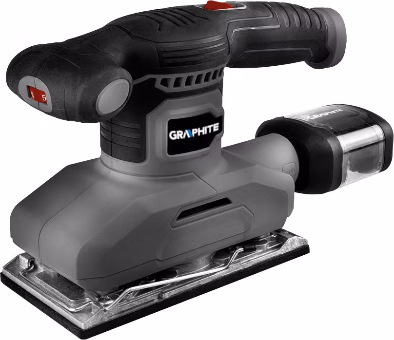 Levigatrice rotorbitale GRAPHITE 260 W, telaio 90x187 mm, oscillazione 7000-13000 min-¹, ampiezza di oscillazione 0,8 mm, accessori: carta abrasiva, contenitore della polvere con filtro, peso 1,7 kg