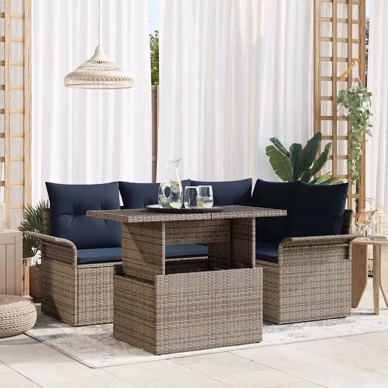 Set Divano da Giardino vidaXL a Forma di L con Tavolino, 5 Pezzi, Grigio e Blu, in Polyrattan con Cuscini Imbottiti e Struttura in Acciaio Verniciato a Polvere