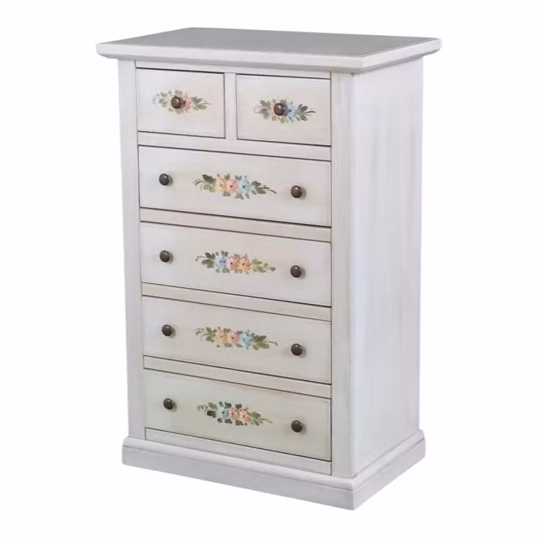 Cassettiera con 6 cassetti in legno stile shabby chic bianco anticato decorato floral Mobili 2G L: 62 cm, P: 37 cm, H: 93 cm