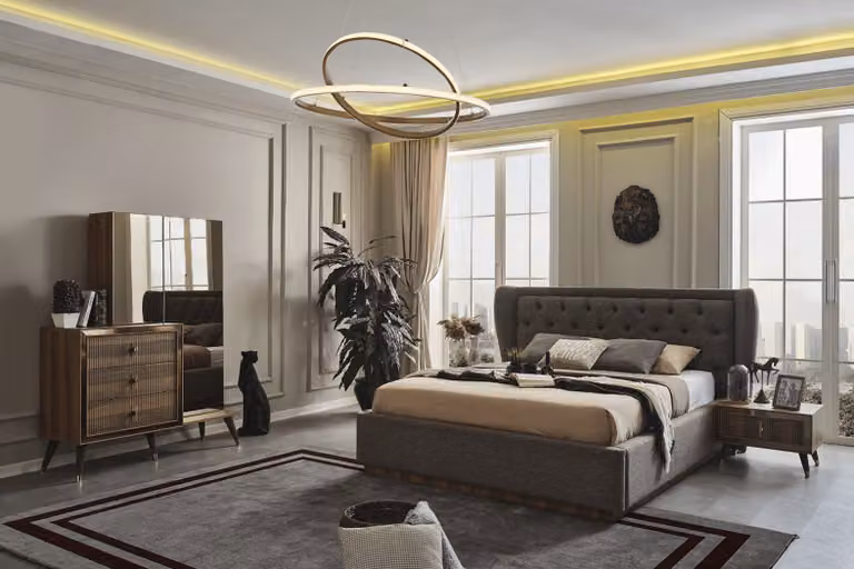 Modernes Schlafzimmer Set Designer Bett 2x Nachttische Kommode Spiegel