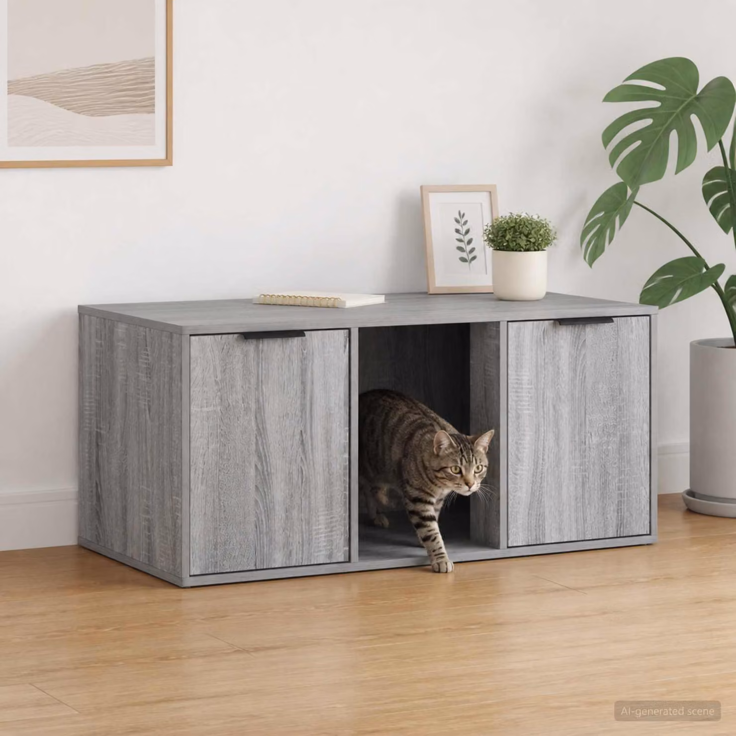 Mobile per gatti vidaXL in stile moderno, colore grigio Sonoma, L 100 x P 49 x H 45 cm