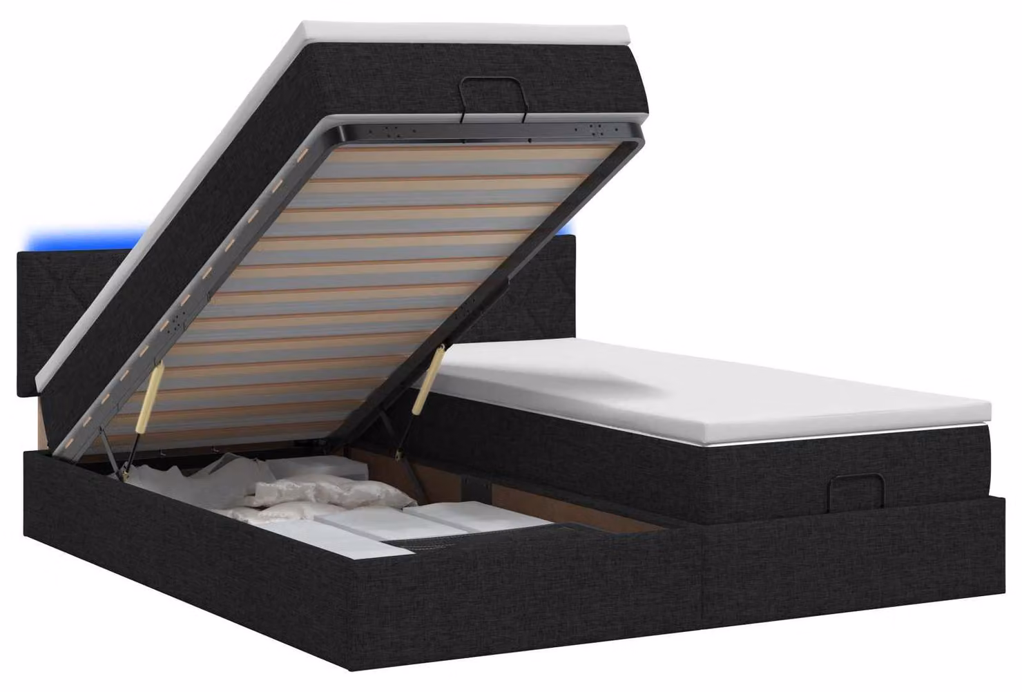 Letto ottomano con materasso e illuminazione LED, colore nero, dimensioni 180 x 200 cm, rivestito in tessuto