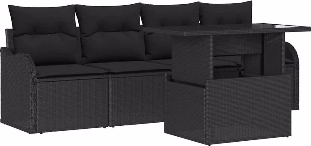 Set Divano da Giardino con cuscino 5 pcs Nero Poly Rattan