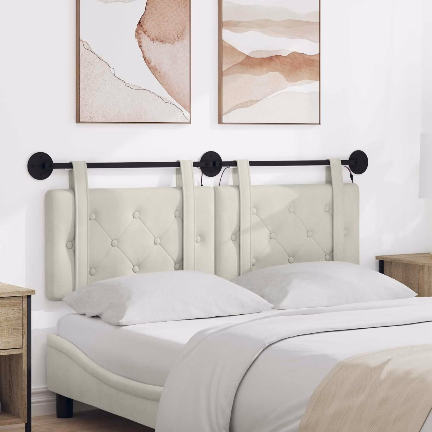 Testiera da letto sospesa vidaXL in velluto beige con illuminazione LED integrata L 130 x H 55 x P 5 cm