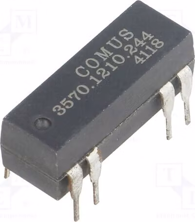 1x Relè: Bobina di campo magnetico da 500mA, contatti normalmente aperti (US), alimentazione: 24VDC, massima tensione: 150VDC, potenza: 10W, montaggio su circuito stampato (THT), codice prodotto: 3570.1210.244, marca: Elektromag