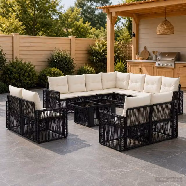 Set Divano da Giardino vidaXL a forma a U in Polyrattan con Tavolino e Cuscini, Nero e Bianco