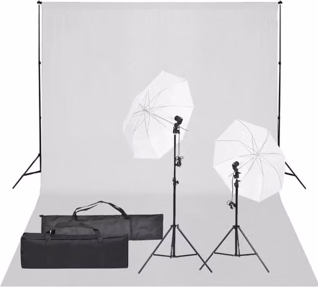 Kit per studio fotografico professionale con illuminazione LED e fondali bianco e nero con treppiedi regolabili in alluminio