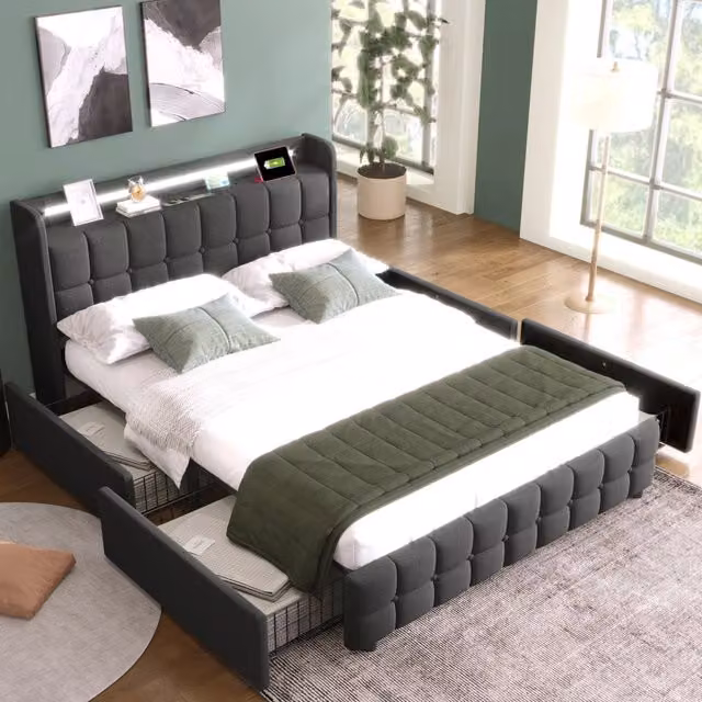 Letto Imbottito con LED, USB e Contenitore ¨C MINIMAL ¨C Grigio 140x200, Doghe in Legno, 4 Cassetti