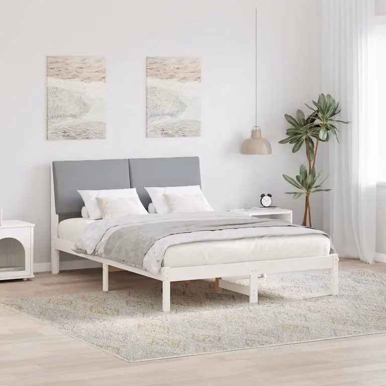 Struttura del letto moderna vidaXL in legno di pino e tessuto, Bianco e Grigio, L/P/H: 160 x 200 x 93,5 cm