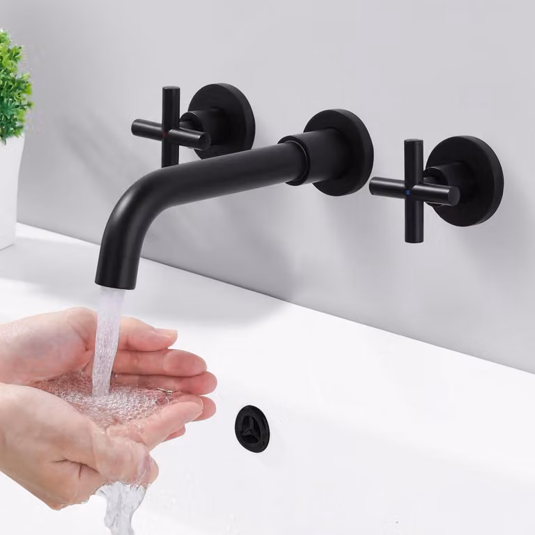 Miscelatore per lavabo da incasso, nero, girevole a 360°, con due manopole, in ottone