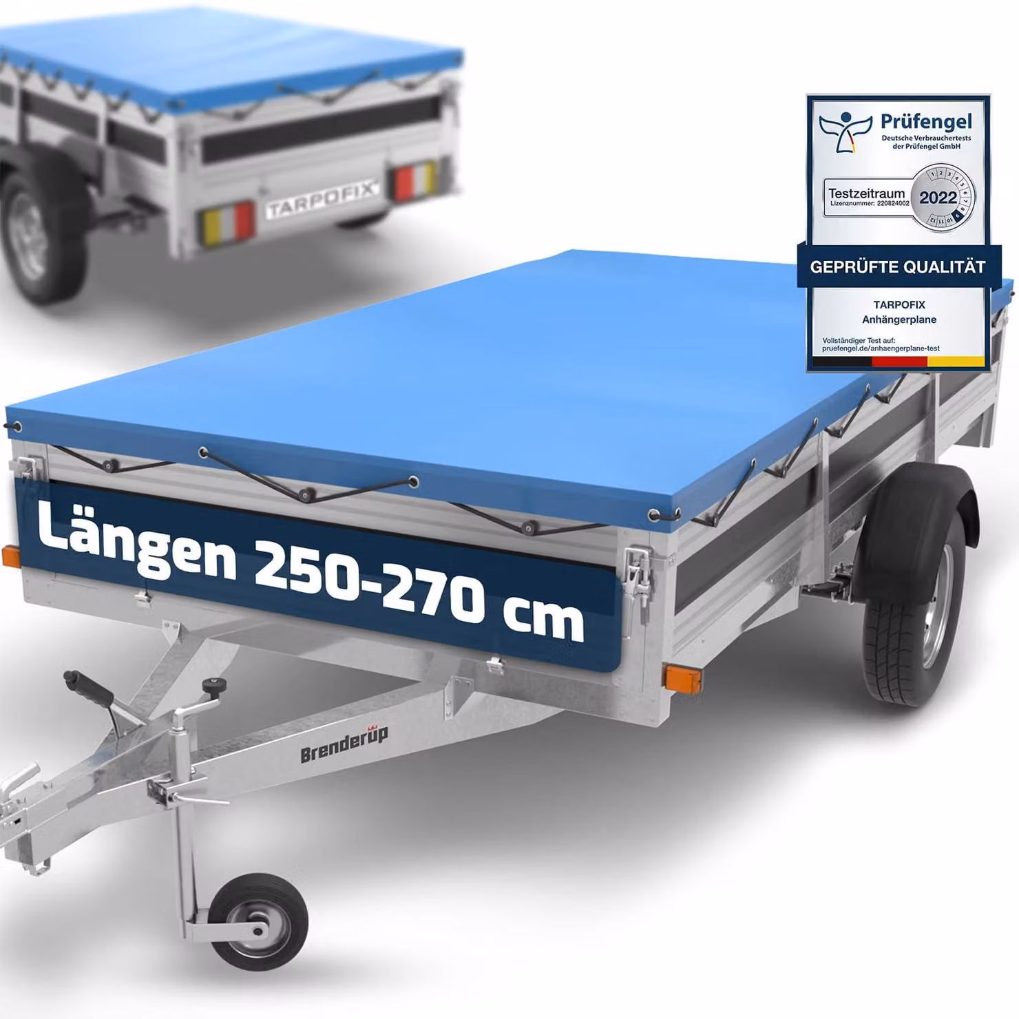 Tarpofix® Telo per rimorchio, 264 x 135 cm, inclusi cavi di fissaggio | Telo piatto in PVC per rimorchio | Telo Brenderup per rimorchi auto | Accessori per rimorchi, telo di copertura. Colore: blu