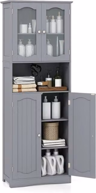 Armadietto Salvaspazio 60 x 30 x 164cm, Mobile Bagno con Scomparti Aperti, Ripiani Regolabili e 2 Porte in Vetro Temprato, Armadio da Bagno per Ufficio, Soggiorno e Camera da Letto (Grigio)