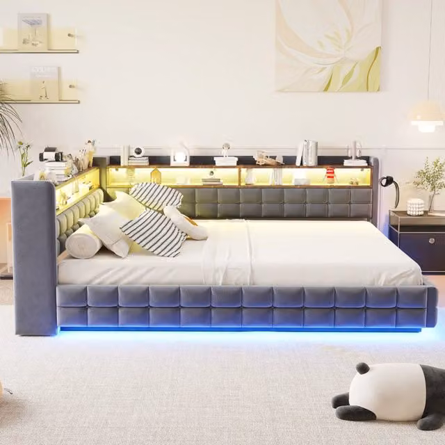 Letto imbottito moderno WISHDOR con contenitore a sollevamento, illuminazione sottostante, prese USB, librerie integrate e ripiani laterali, grigio, L/P/H: 217.0 x 140 x 85.0 cm