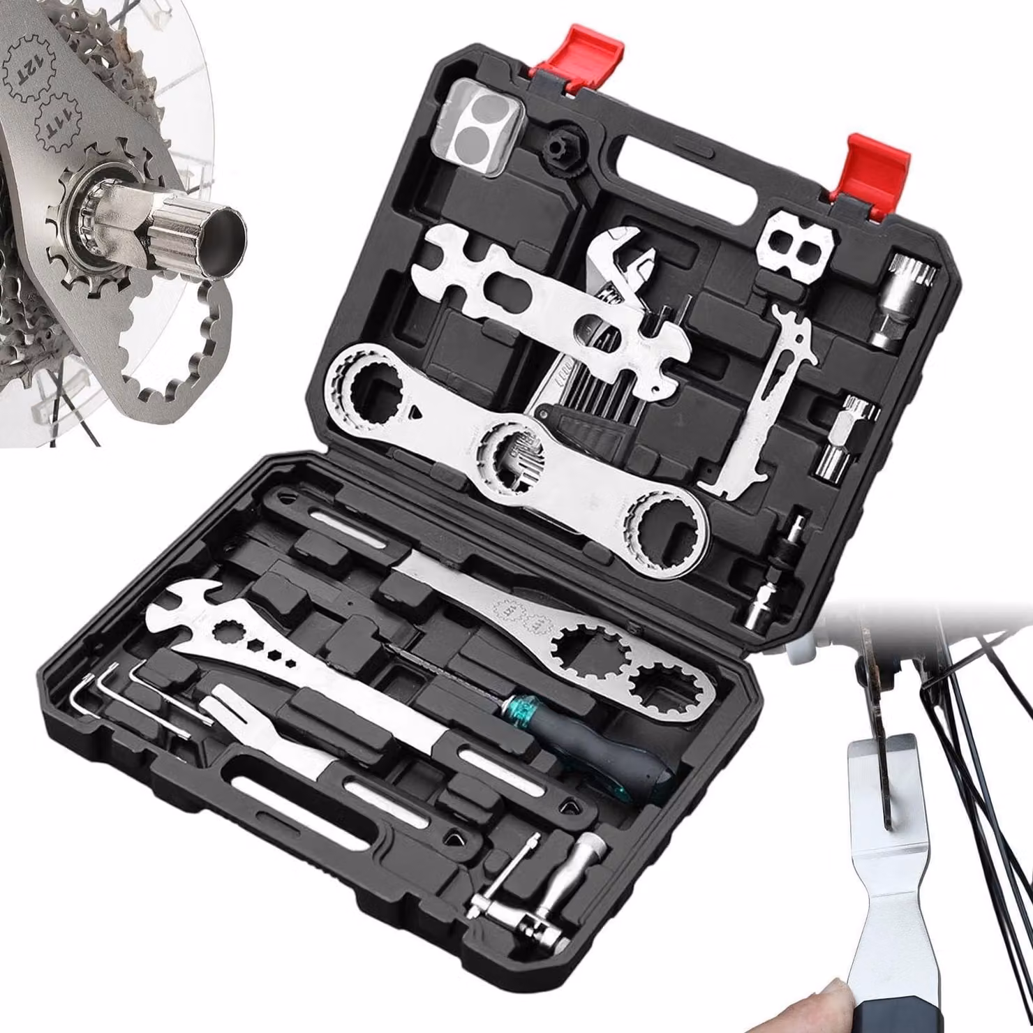 Kit di strumenti per la manutenzione delle biciclette, completo di custodia