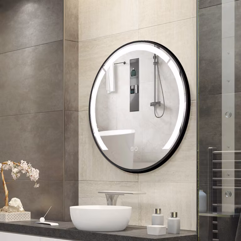 Specchio da bagno rotondo Costway con LED, cornice in alluminio e funzione antifog, luminosità regolabile e touch switch, Diametro: 60 cm