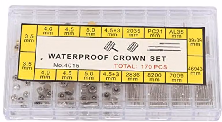 Set di strumenti di riparazione e sostituzione per orologi, inclusi prolungatori per cassa, prolungatori per spine, corone di ricambio, con custodia. Include anche cinturini, molle e altri accessori per orologi