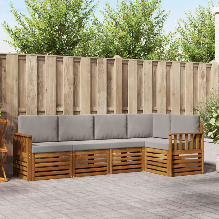 Set di divani da esterno vidaXL 5 pz a forma di L in legno di acacia con cuscini Grigio e Bianco