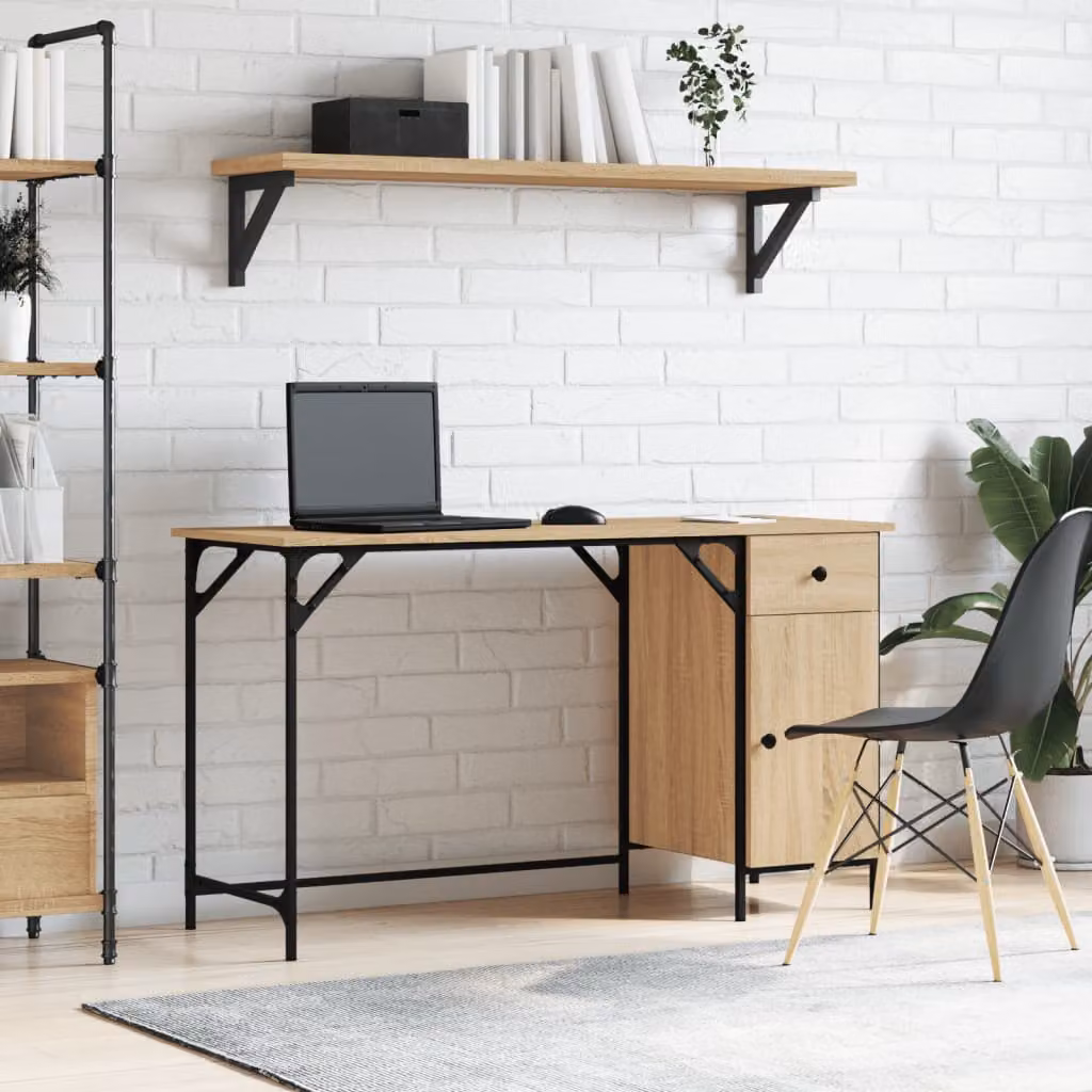 Scrivania Computer moderna vidaXL in legno e metallo, colore rovere, L: 131 cm, P: 48 cm, H: 75 cm