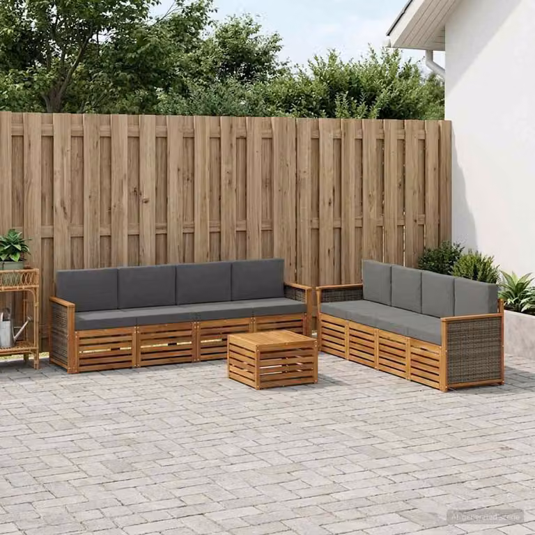 vidaXL Set di divani da esterno a L in legno di acacia con cuscini, 9 pezzi, Beige e Antracite