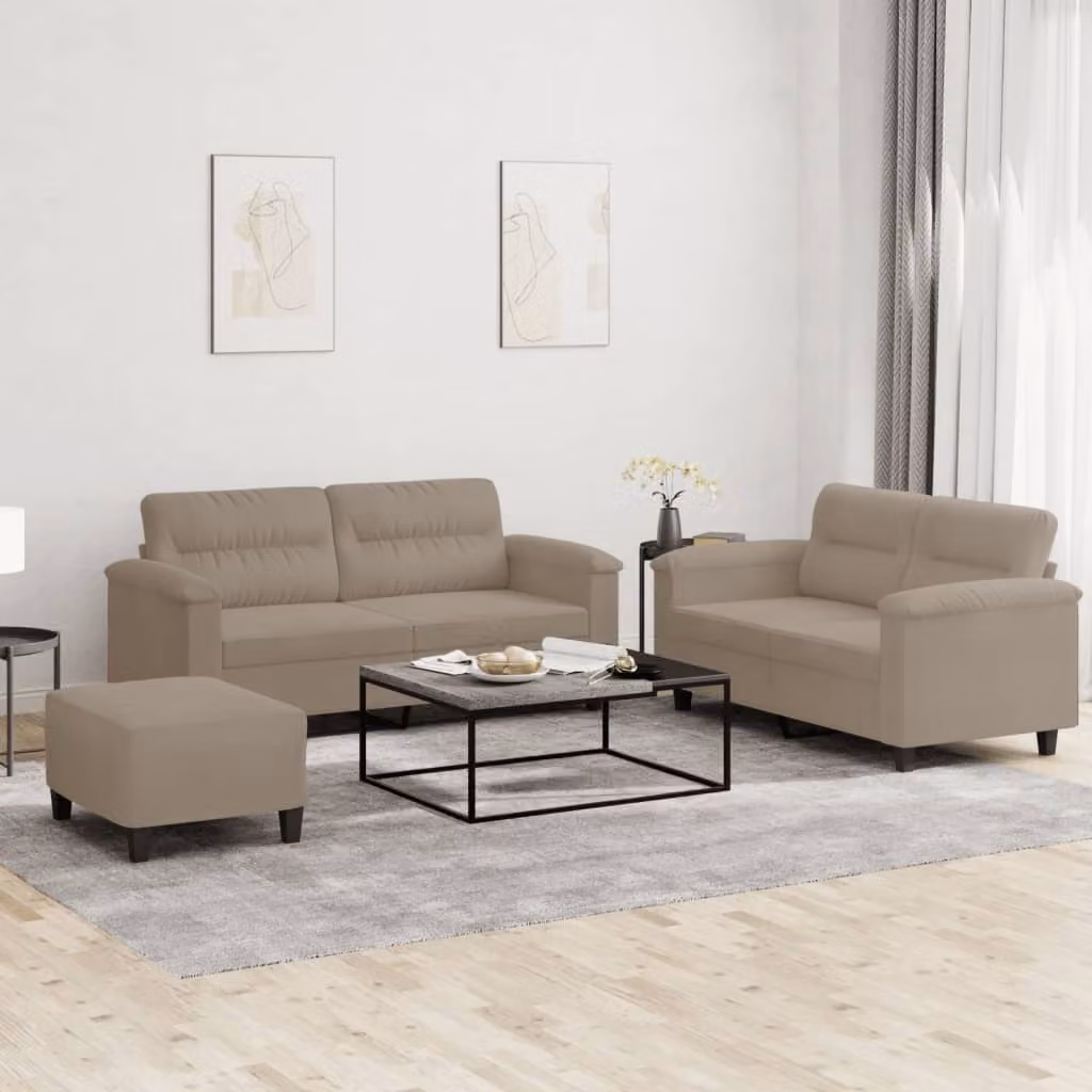Set di Divani 3 Pezzi vidaXL in Microfibra con Cuscini, Colore Beige o Grigio – 1