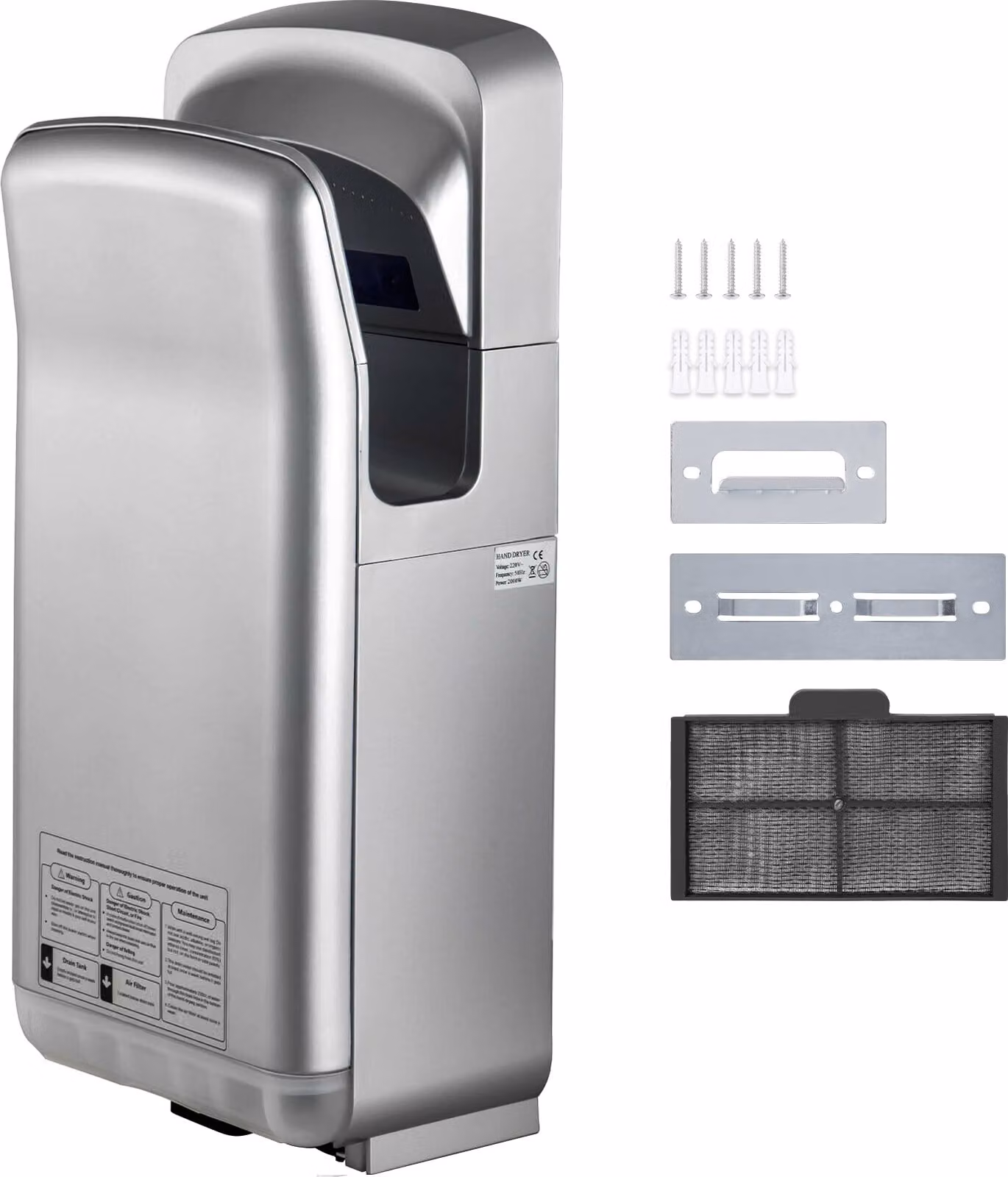 SucceBuy Asciugamani Jet, 2000W, 220V, asciugamani elettrico di per uso commerciale, automatico a infrarossi ad alta velocità, montaggio a parete, ABS con filtrazione HEPA, argento