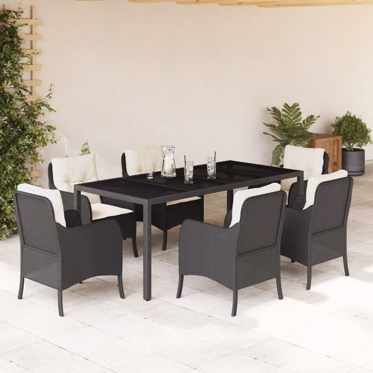 Set da Pranzo da Giardino vidaXL 7 pz in Polyrattan Nero con Piano in Vetro