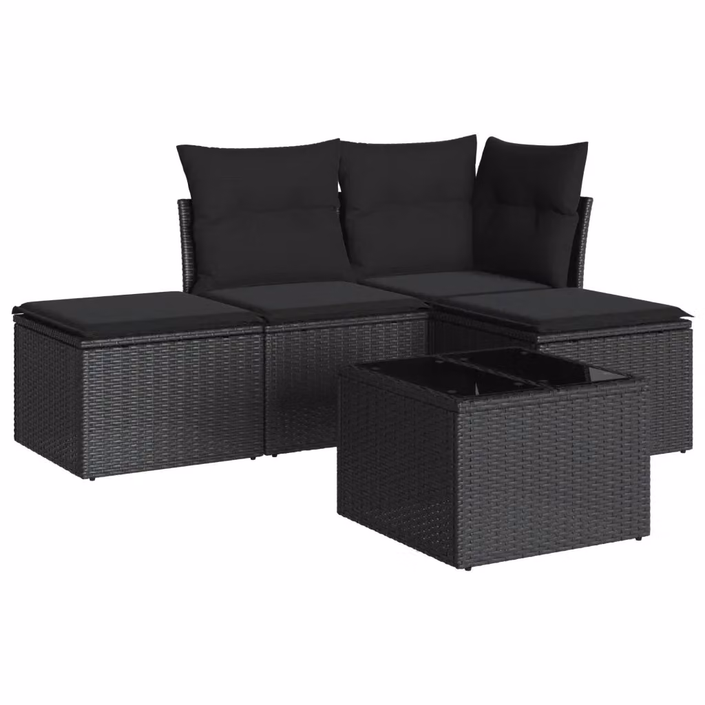 vidaXL Set Divani da Giardino a L 5 pz in Polyrattan Nero con Cuscini e Tavolino da Esterno – 2
