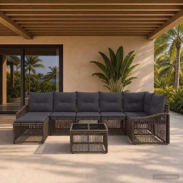 Set Divano da Giardino vidaXL 8 pz a forma di U in Polyrattan Grigio con Cuscini e Tavolino