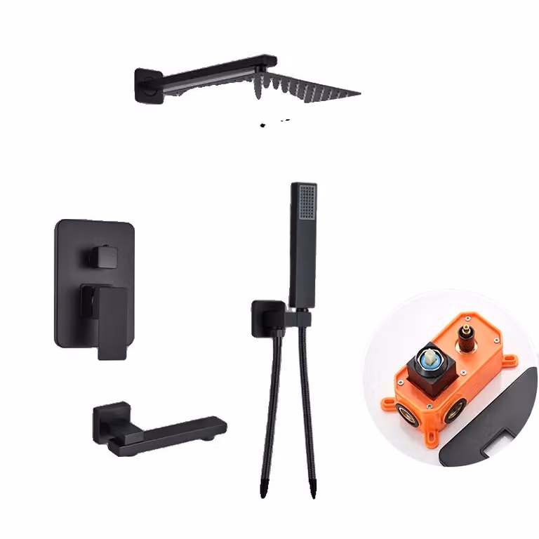 Set doccia nero opaco, doppio comando, nucleo valvola in Vetroceramica, soffione doccia a pioggia, miscelatore, doccetta, miscelatore per vasca, box miscelatore arancione