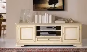 Mobile Porta tv polo Shabby chic avorio anticato decorato foglia oro