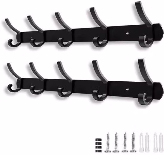 Supporto da parete in metallo nero, 2 pezzi, 5 ganci, 43 cm