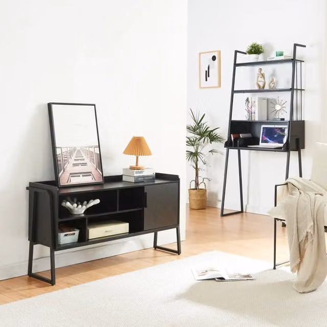 Set Storfjord en.casa composto da scrivania con ripiani e mobile TV in stile industrial nero opaco – 1