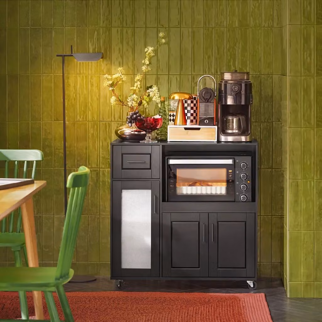 Credenza con ruote SoBuy per microonde da cucina, colore nero, con 1 cassetto e 3 ante, L/P/H: 89 x 40 x 89 cm – 2