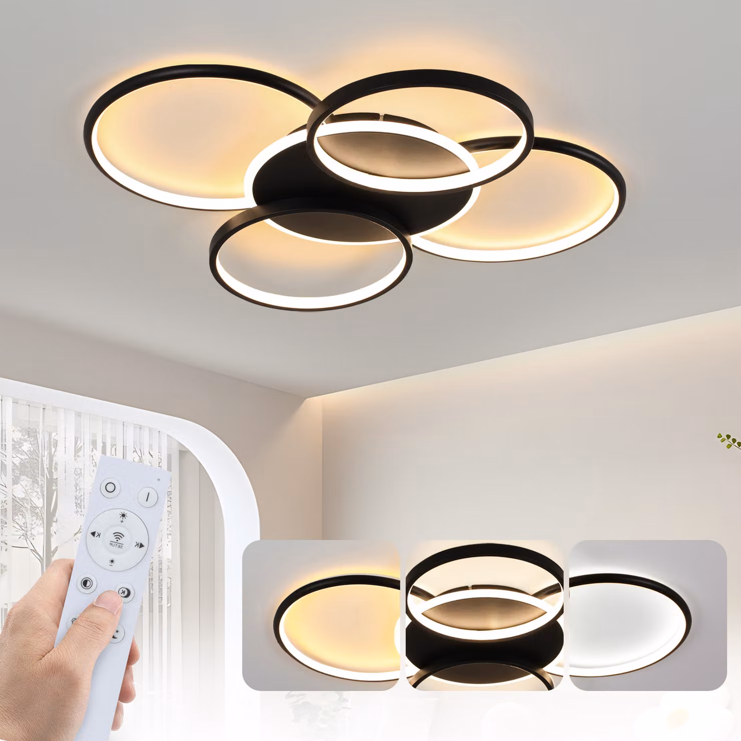ZMH lampada a soffitto LED plafoniera 70W soggiorno lampada soggiorno dimmerabile con telecomando 5 anelli lampada camera da letto nera illuminazione