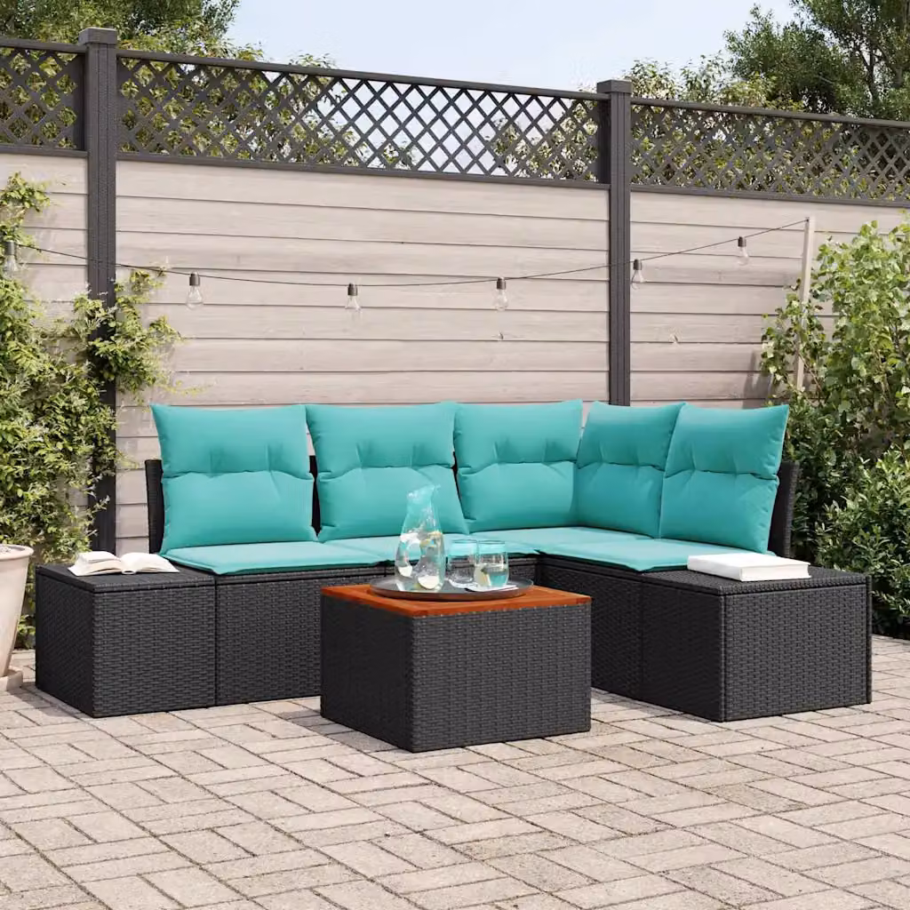 Set Divano da Giardino vidaXL a Forma di L con Tavolino, Nero e Turchese