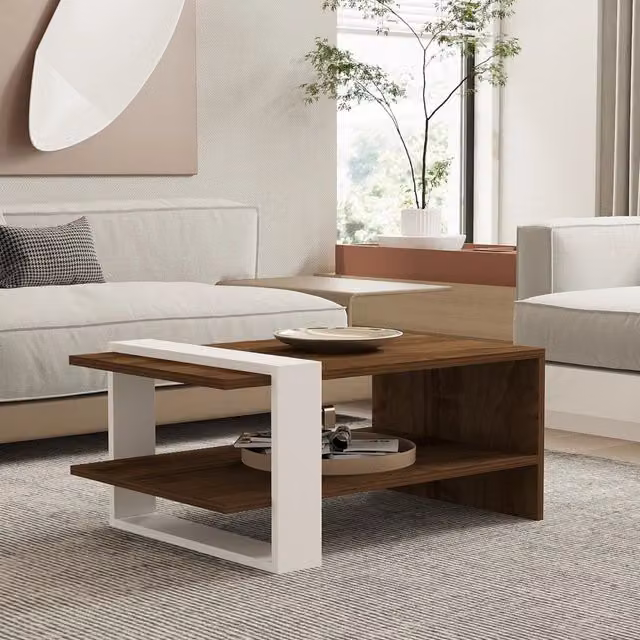 Tavolino da salotto Cambiago moderno con un vano, L 80 cm x P 50 cm x H 35 cm, Marrone e Bianco
