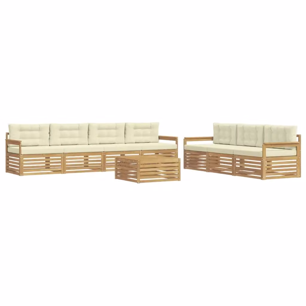 Set di mobili da giardino vidaXL composto da 8 pezzi con divano a 3 posti, tavolino da caffè e cuscini in tessuto bianco e beige con struttura in legno di acacia – 2