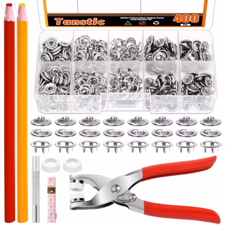 Set di bottoni a pressione, 407 pezzi (100 set), argento, 9,5 mm, con pinza