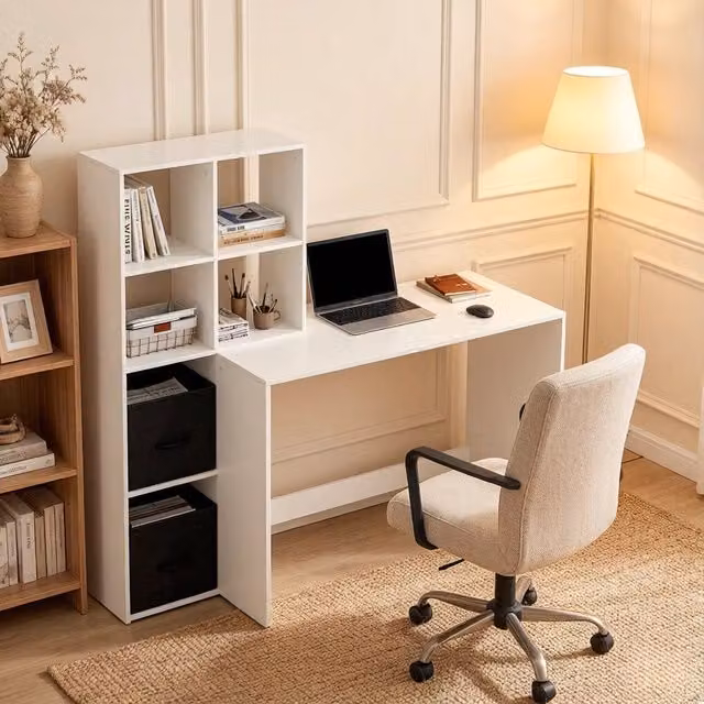 Scrivania con libreria e scomparti laterali con cassetti in tessuto in legno bianco moderna 110 × 74 × 50 cm