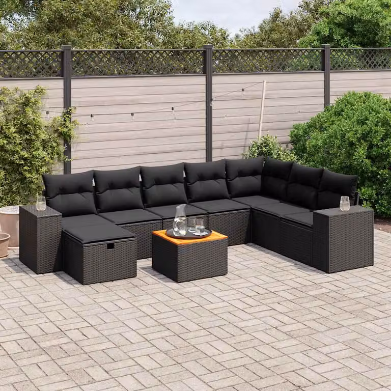 Set di divani da giardino vidaXL 9 pz a forma di L con cuscini nero in polyrattan e struttura in acciaio verniciato a polvere