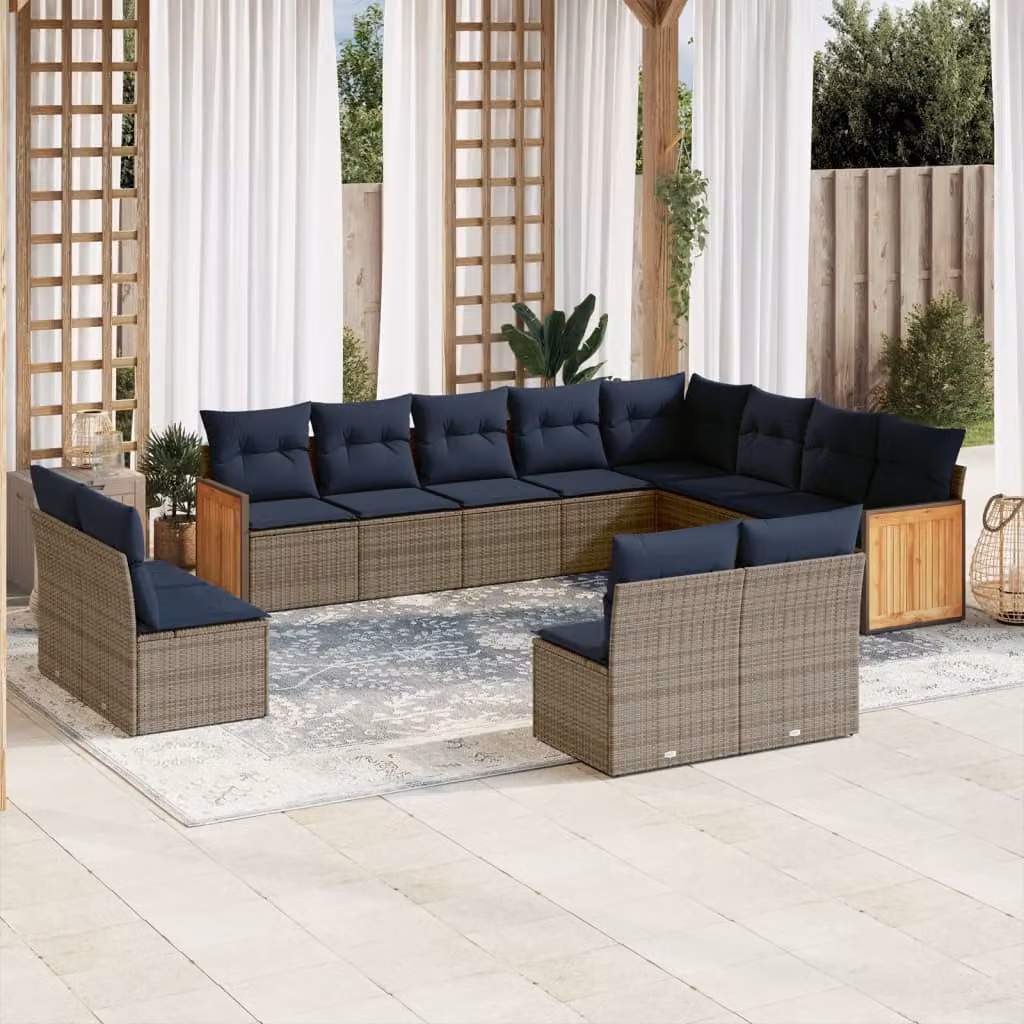 Set di divani da giardino vidaXL a forma di U con cuscini, struttura in rattan e legno di acacia, colore grigio e blu