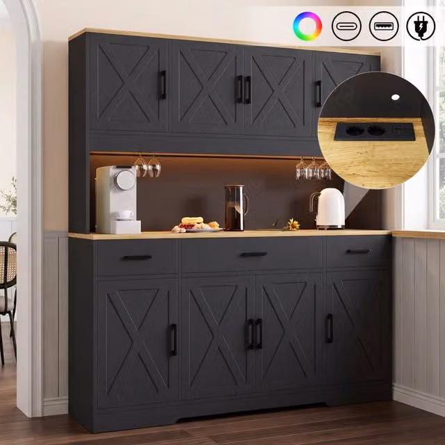 Credenza alta da cucina 150 x 40 x 180 cm con LED; prese USB e ante scorrevoli nera