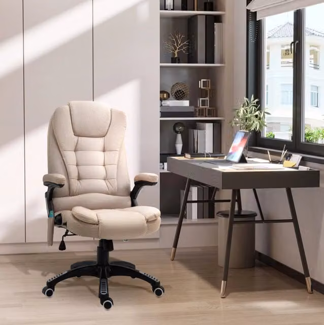 Poltrona da ufficio ergonomica con massaggio e riscaldamento, reclinabile fino a 130°, regolabile in altezza, rivestimento effetto lino marrone
