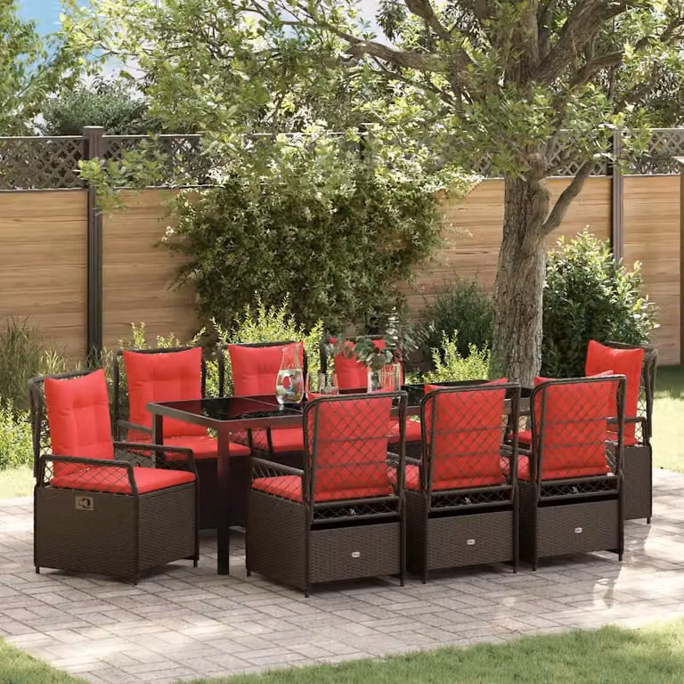Set da pranzo per giardino e terrazzo vidaXL in polyrattan marrone con tavolo in vetro e 9 pezzi